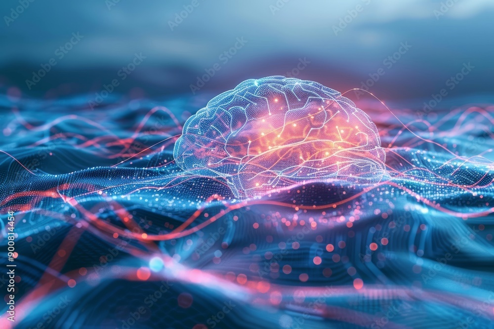 Poster abstract digital illustration of a brain with glowing neural connections symbolizing cognitive scien
