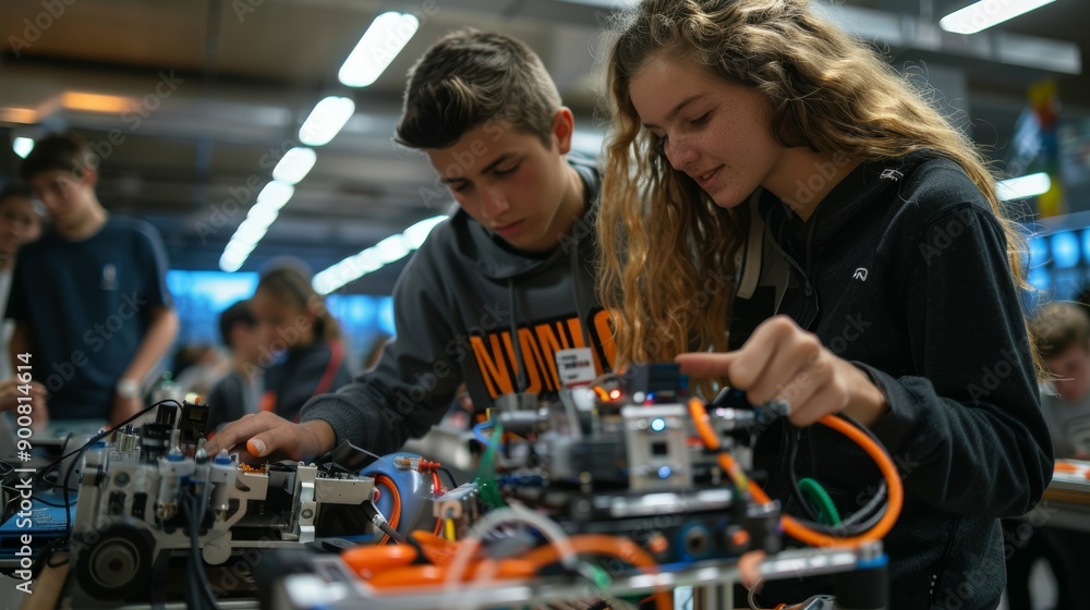 Poster students collaborating on robotics project in stem classroom for educational workshop