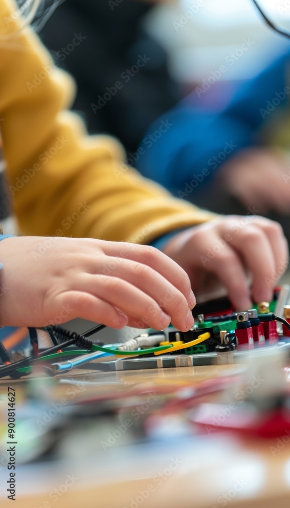 Poster child's hands engaging with assistive technology device in classroom for interactive learning