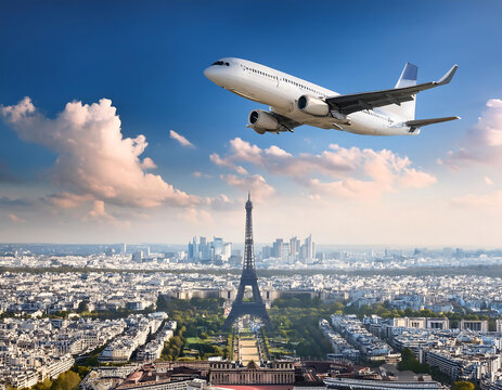 Firefly Travel to France- An airplane flying over a panoramic cityscape of Paris with the Eiffel Tow