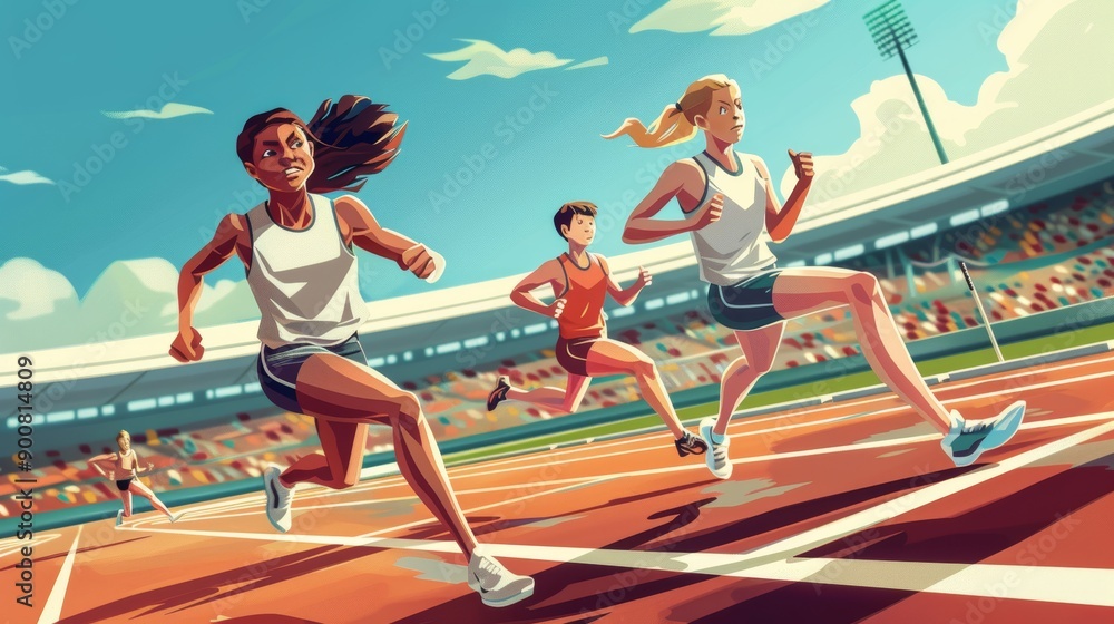 Poster dynamic track and field race with determined athletes in a stadium setting for sports enthusiasts an
