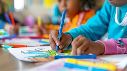 Naklejka premium Creative Students Designing Posters with Colorful Markers for School Event Planning