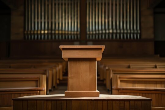 Wooden podium in a church with pews and organ pipes in the background - Powered by Adobe