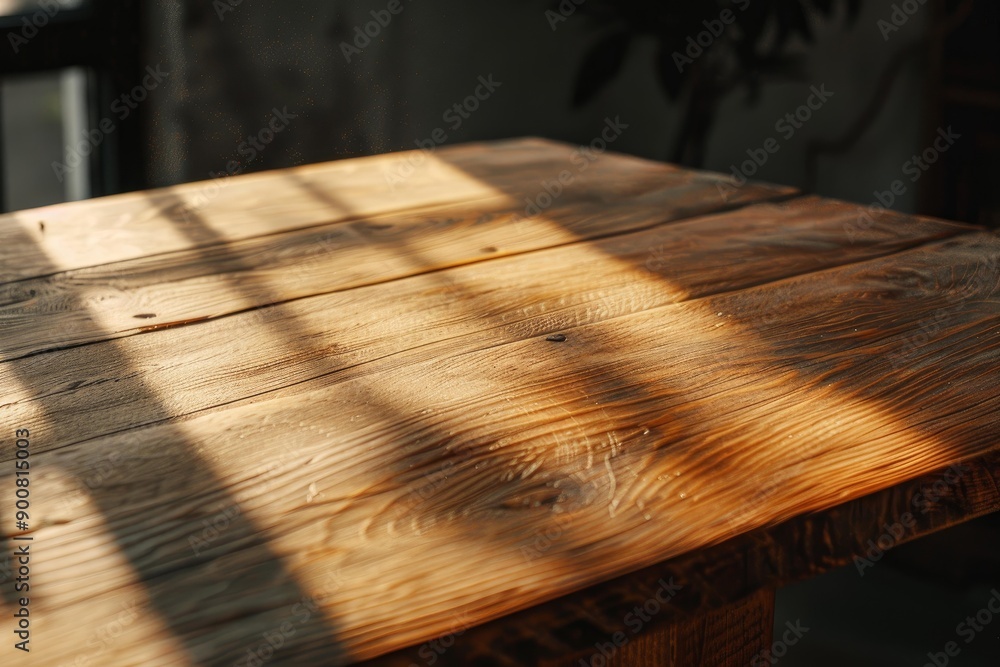 Poster soft sunset light filtering through a window, casting a warm glow and shadows on a rustic wood table