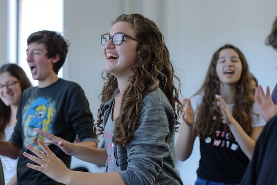 Energetic Students at Improv Workshop Engaging in Lively Interactions and Spontaneous Humorous Activities