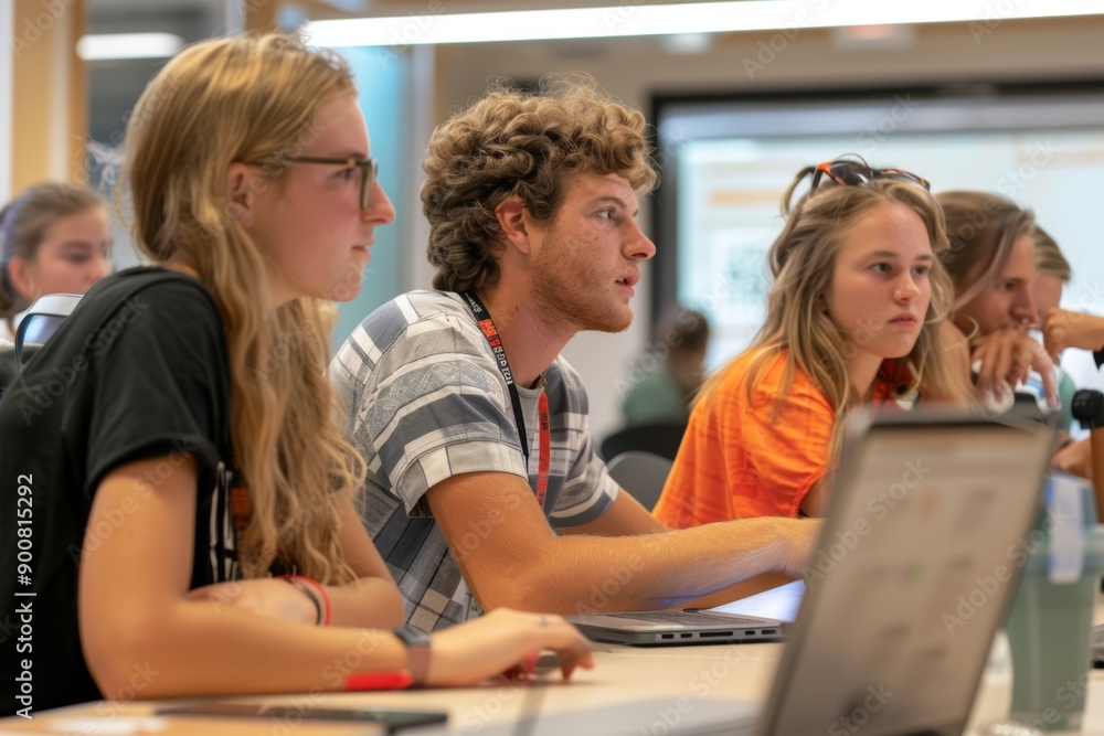 Poster students in classroom learning blockchain technology for innovative future applications