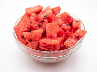 bowl of watermelon fruit cube slice isolated on white background
