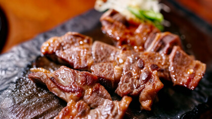 grilled meat on a black stone plate