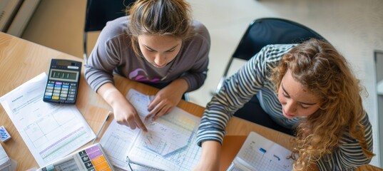 Students Collaborating on Math Problems Using Calculators and Graph Paper for Homework