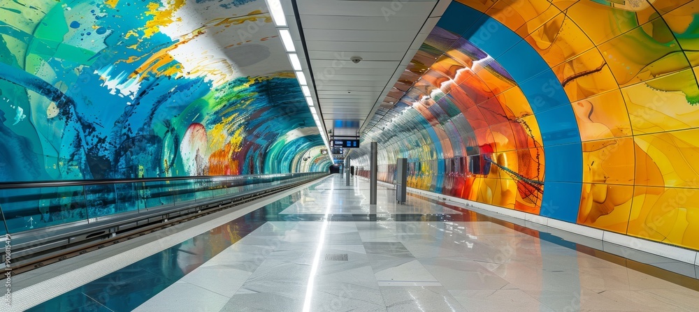 Poster colorful art installations in modern subway station creating dynamic public gallery experience