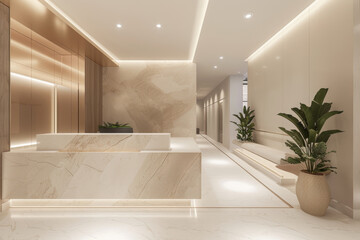 Modern Reception Area in High-End Aesthetic Clinic Highlighting RF Lifting Services Design