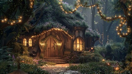 A whimsical fairy tale house in a lush, blooming garden, adorned with strings of lights under the canopy of trees, exuding charm and magic.