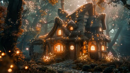 A charming, thatch-roofed cottage glowing warmly in a magical forest, with fireflies and ethereal lights creating a cozy, enchanting ambiance.