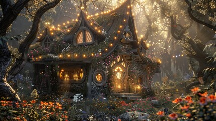 Obraz premium A whimsical cottage aglow with warm illumination, nestled in an enchanting forest at dusk, surrounded by vibrant flowers and soft fairy lights, evoking a fairytale ambiance.