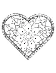 Heart with floral mandala pattern, heart mandala coloring page for adult, heart shaped mandala floral pattern for coloring book, hand drawn heart floral mandala doodle.