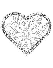 Heart with floral mandala pattern, heart mandala coloring page for adult, heart shaped mandala floral pattern for coloring book, hand drawn heart floral mandala doodle.