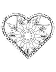 Heart with floral mandala pattern, heart mandala coloring page for adult, heart shaped mandala floral pattern for coloring book, hand drawn heart floral mandala doodle.