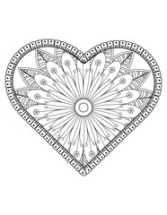 Heart with floral mandala pattern, heart mandala coloring page for adult, heart shaped mandala floral pattern for coloring book, hand drawn heart floral mandala doodle.