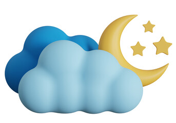 3d icon of clouds with crescent moon and stars on isolated transparent background. Cloudy night 3d weather illustration