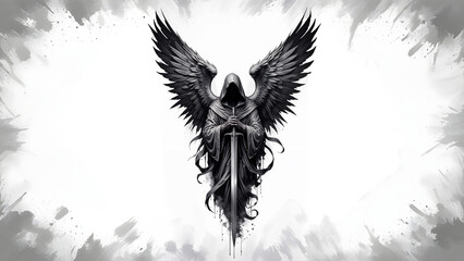 Dark Angel of Justice with Sword and Black Wings, angel with sword, devil with sword