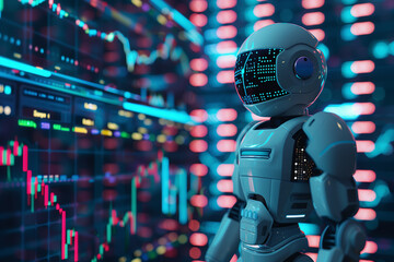 A trading robot analyzing the trading charts, symbolizing the graph growth up and artificial intelligence for stock market analysis