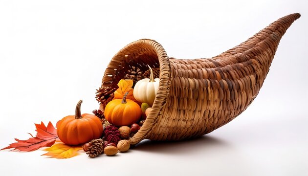 cornucopia - Latin cornu or horn and copia or abundance, also called the horn of plenty for Halloween or thanksgiving and is a symbol of abundance and nourishment. isolated on white studio background