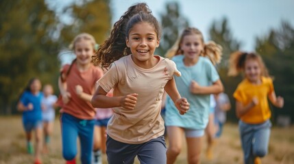 A group of joyful children are playing and running in a field together