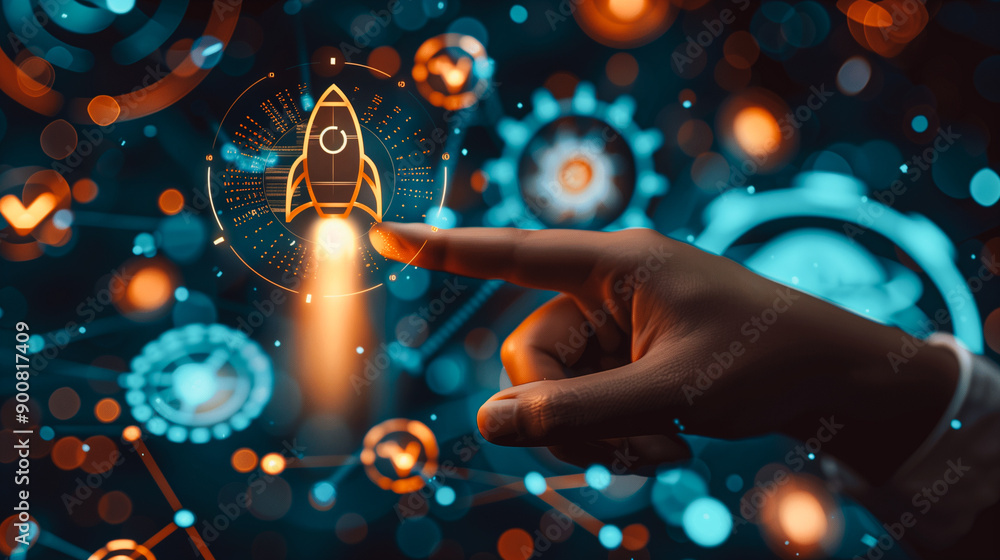 Poster a hand directs a holographic rocket, symbolizing launch and innovation within a digital interface fi