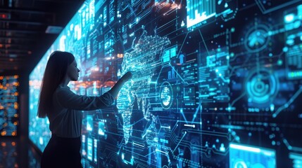 Fototapeta premium Big data analytics with AI technology. Data analyst analyzing and visualizing complex information network with artificial intelligence.