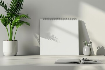 A white desk displaying a blank calendar and arranged with indoor plants, all under subtle light shadows creating an elegant and peaceful corner for work or study.