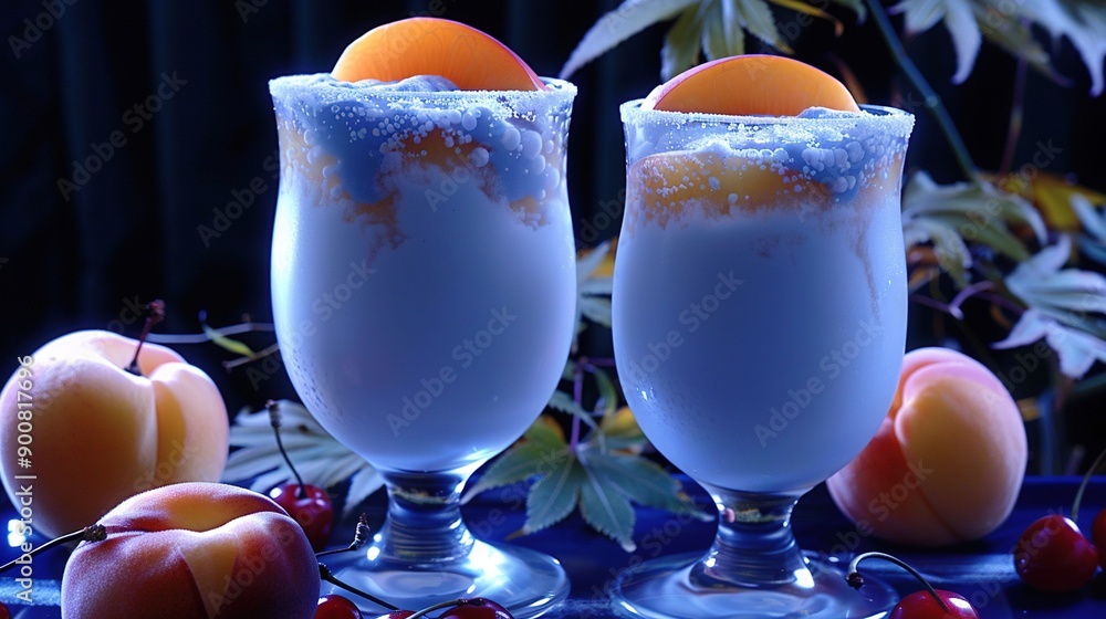 Poster   A clear image shows two glasses of food on a table surrounded by fruits and foliage, with an orange prominently displayed in the foreground