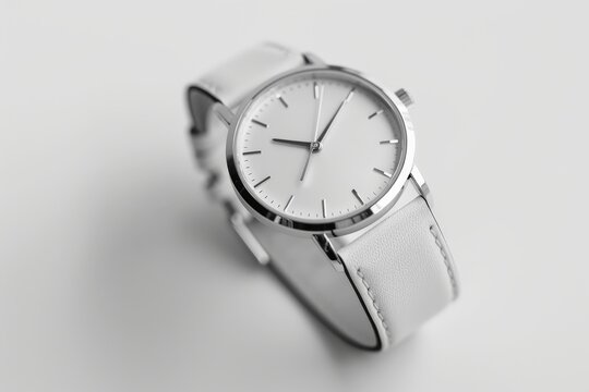 The image features an elegant wristwatch with a white face, sleek silver markers, and light leather straps, embodying a stylish and modern aesthetic for everyday use.