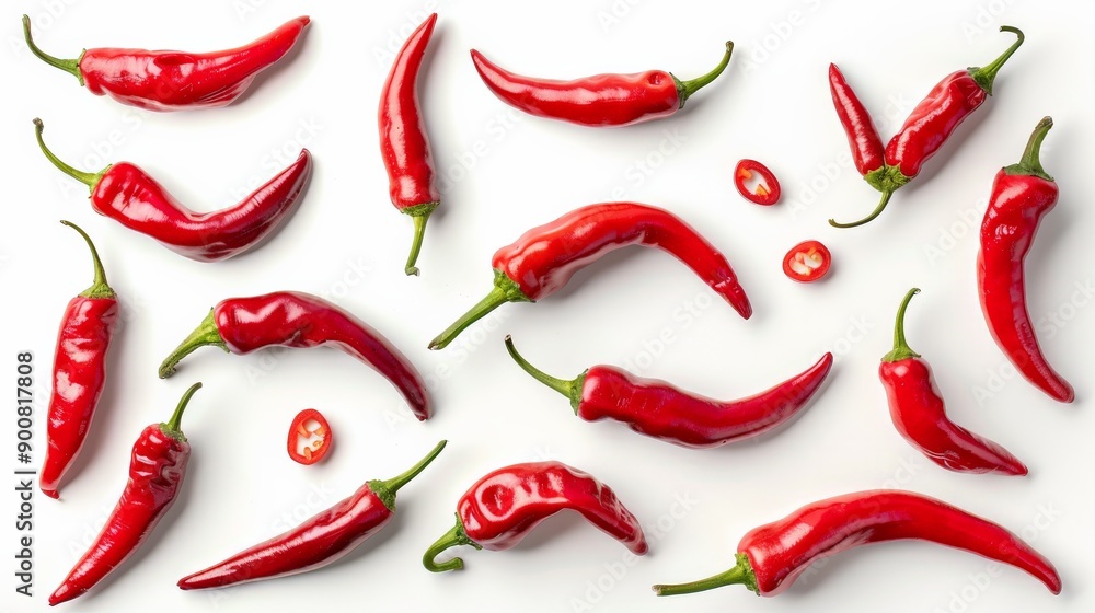 Poster Image displaying several vibrant red chili peppers scattered across a white background showcasing their varying shapes and sizes in an artistic arrangement.