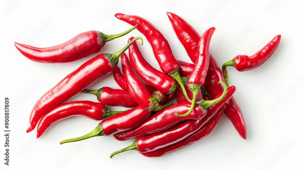Poster a group of vibrant red chili peppers isolated on a white background, emphasizing their fresh, spicy 