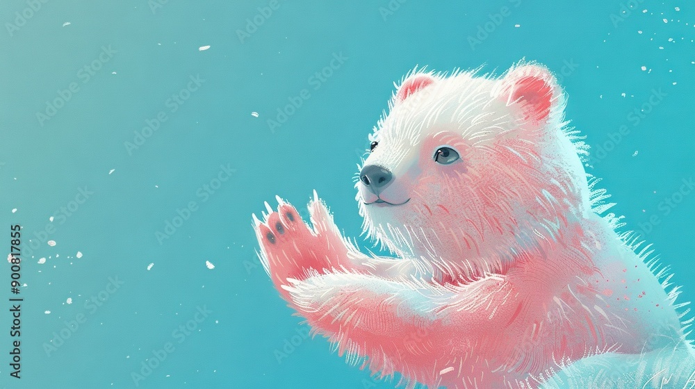 Poster a polar bear in water with bubbles and blue sky background