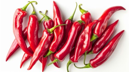 A vibrant collection of fresh, spicy red chili peppers displayed on a clean white background, capturing their bright color and glossy texture.