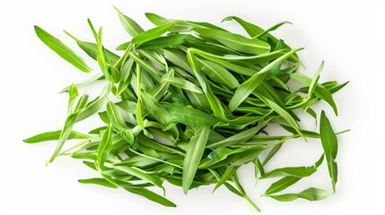 A heap of fresh tarragon leaves piled together on a white background, featuring their vibrant green color, natural texture, and culinary appeal.