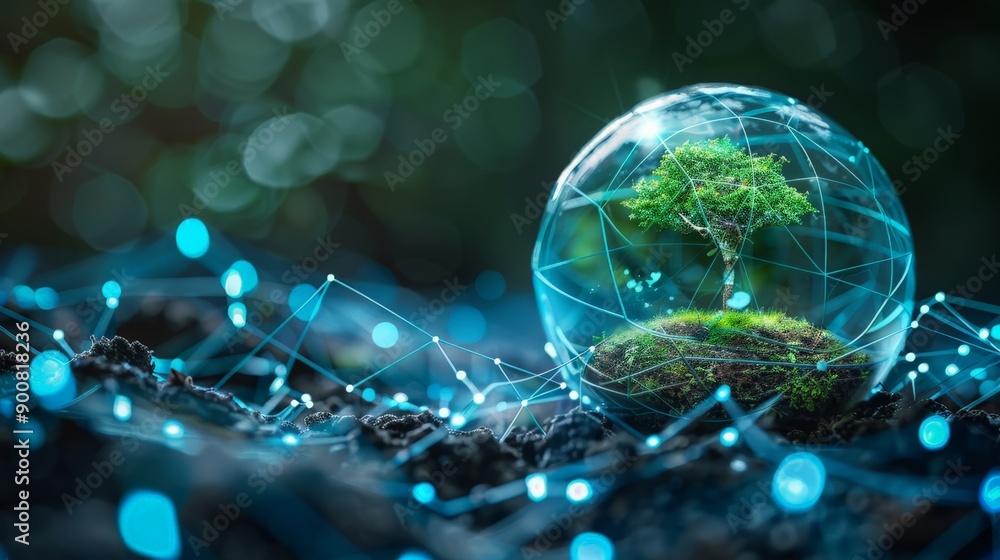 Poster an encapsulated small tree in a digital network-themed environment, showcasing the harmony between n