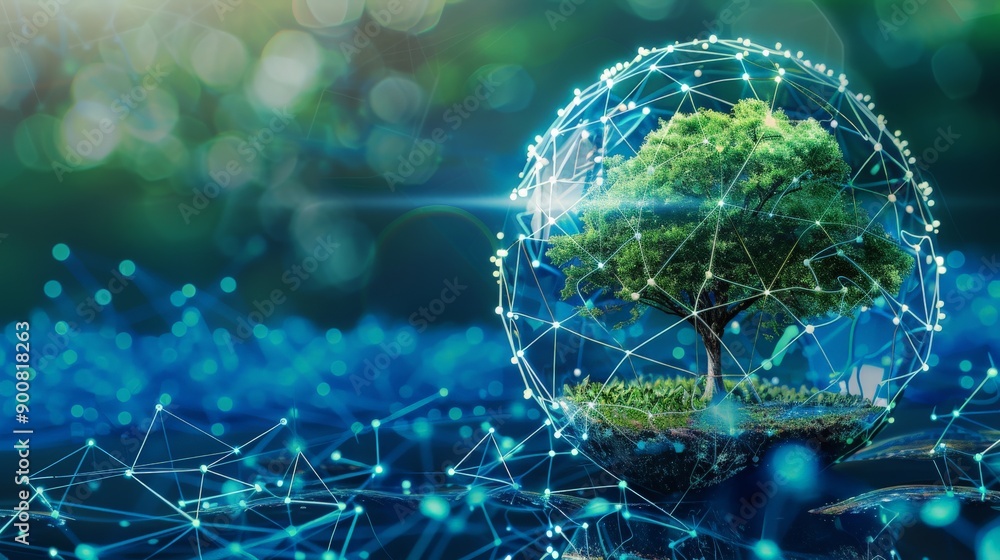 Poster a vibrant tree encapsulated in a glowing network, symbolizing the union of nature and technology, il