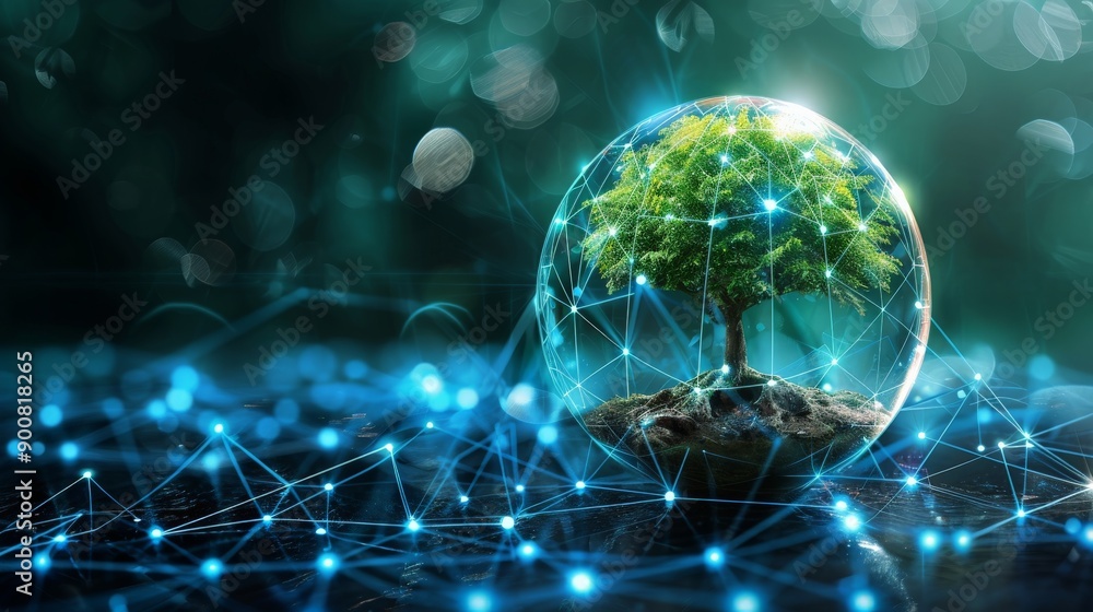 Poster a digital network encapsulates a miniature tree, surrounded by glowing nodes in an abstract environm