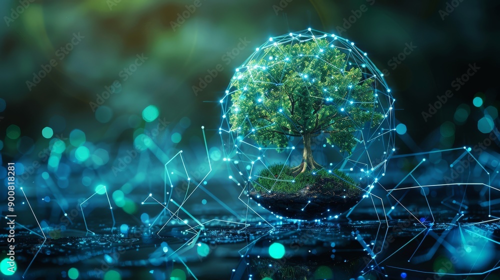 Poster a tree encapsulated within a digital sphere, glowing with blue nodes, symbolizing the synergy of nat