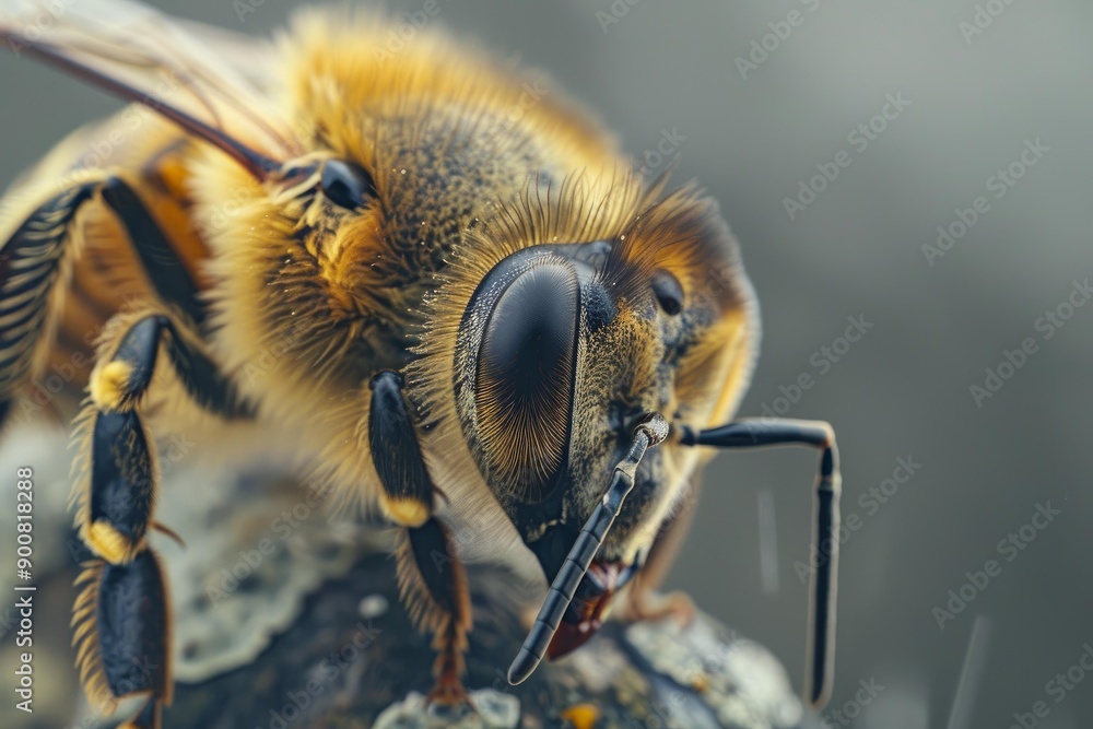 Poster detailed closeup of a honeybee pollinating a flower in its natural environment with sharp focus and 