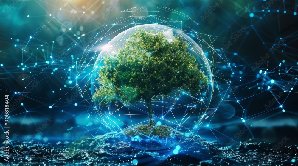 Poster a digitally rendered scene featuring a green tree inside a transparent globe, encased by digital net
