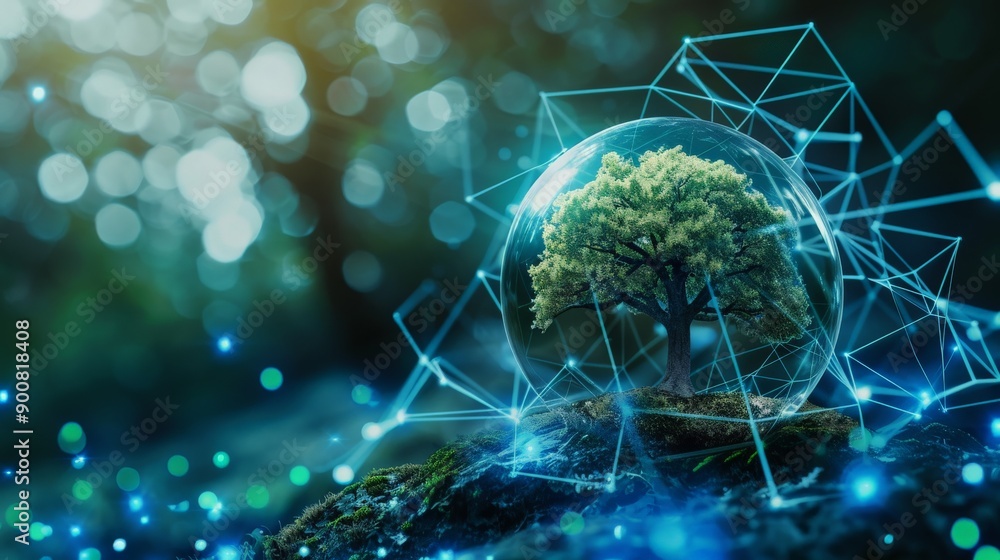 Poster an image of a green tree encapsulated in a digital globe, surrounded by a network overlay and glow, 