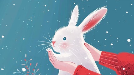 Obraz premium A portrait of a person cradling a snowy white rabbit amidst falling snowflakes