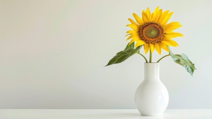 Bright sunflower in white vase against plain backdrop