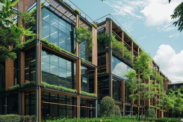 A sustainable architectural marvel featuring greenery and extensive glass elements, surrounded by natural lush landscaping, embodying modern design concepts and eco-consciousness.