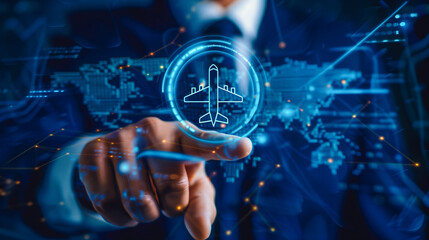 A hand interacts with a holographic interface displaying a rocket icon, set against a global digital map, symbolizing global connectivity and the future of aerospace technology.