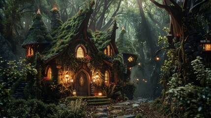 A mystical house in the forest with enchanting glowing accents, surrounded by lush green foliage and creating a magical and serene fairy tale atmosphere.