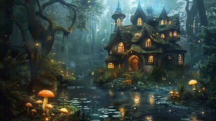 A charming and whimsical fantasy cottage surrounded by glowing mushrooms, set against the backdrop of a serene night forest, oozing magical vibes perfect for fairy tales.
